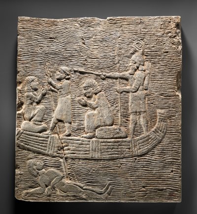 Relief: Assyrian soldier conducting captives across the water, c.668–627 BC by Neo Assyrian